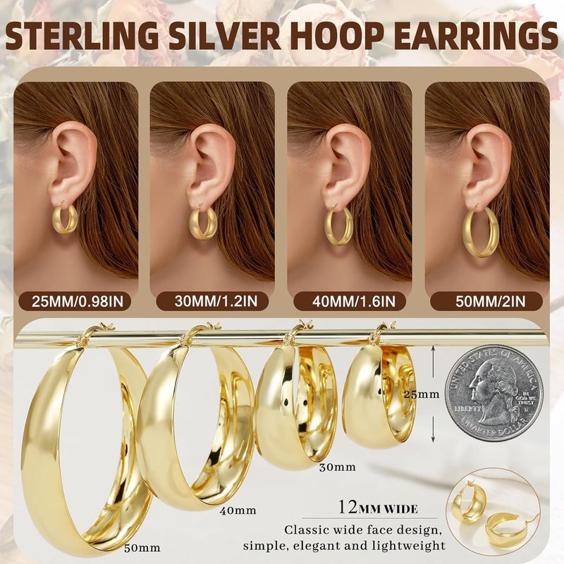 Senteria 12mm Wide Thick Hoop Earrings 925 Sterling Silver Hoop Earrings for Women Hypoallergenic 14K Real Gold Plated Hoops Large Earring Lightweight Chunky Hoops Earring for Women 25/30/40/50MM - Image 4